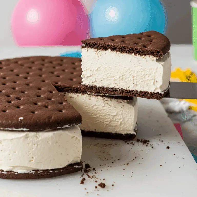 The finished, epic Giant Ice Cream Sandwich with a slice being served.