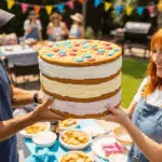 Two people holding the finished, massive Giant Ice Cream Sandwich.