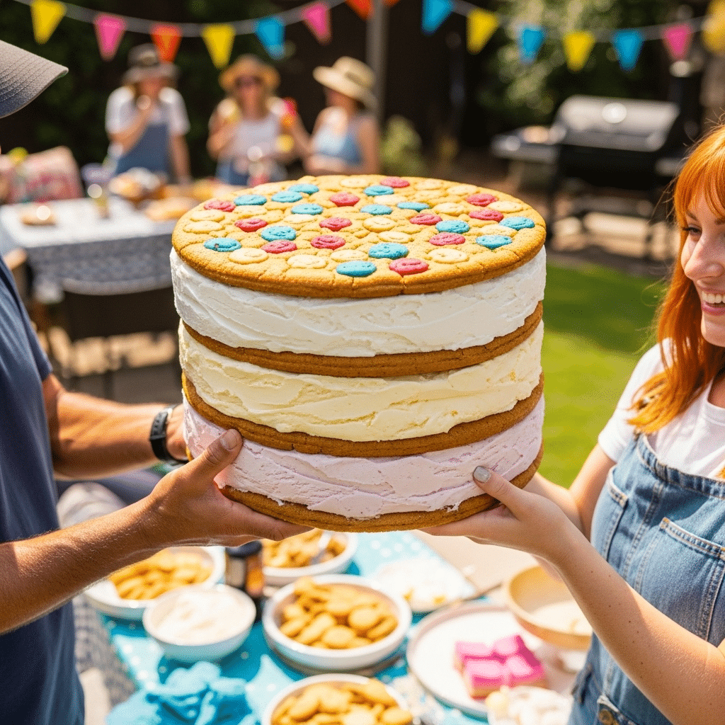 Two people holding the finished, massive Giant Ice Cream Sandwich.