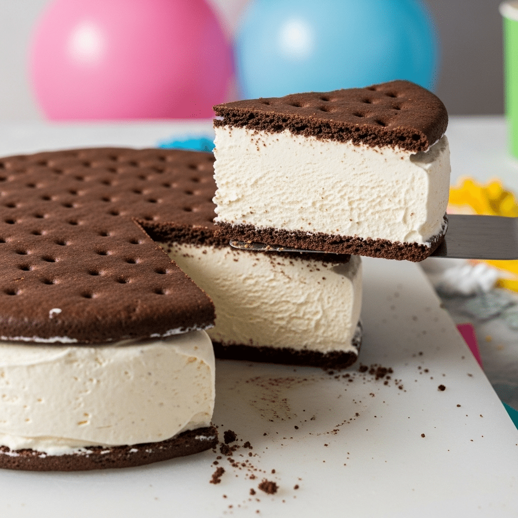 The finished, epic Giant Ice Cream Sandwich with a slice being served.