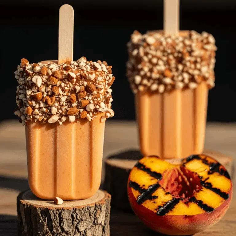 Two homemade Grilled-Peach and Almond Ice Pops with a smoked almond coating.