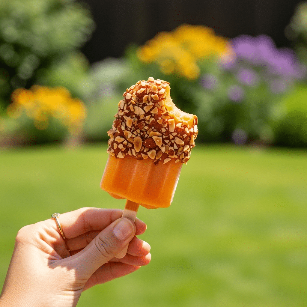 A hand holding a finished Grilled-Peach and Almond Ice Pop with a bite taken out.