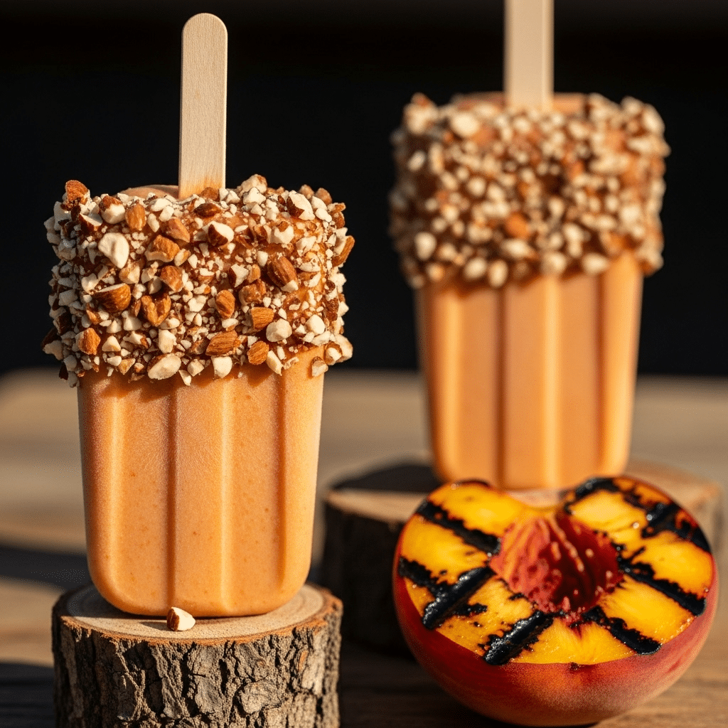 Two homemade Grilled-Peach and Almond Ice Pops with a smoked almond coating.