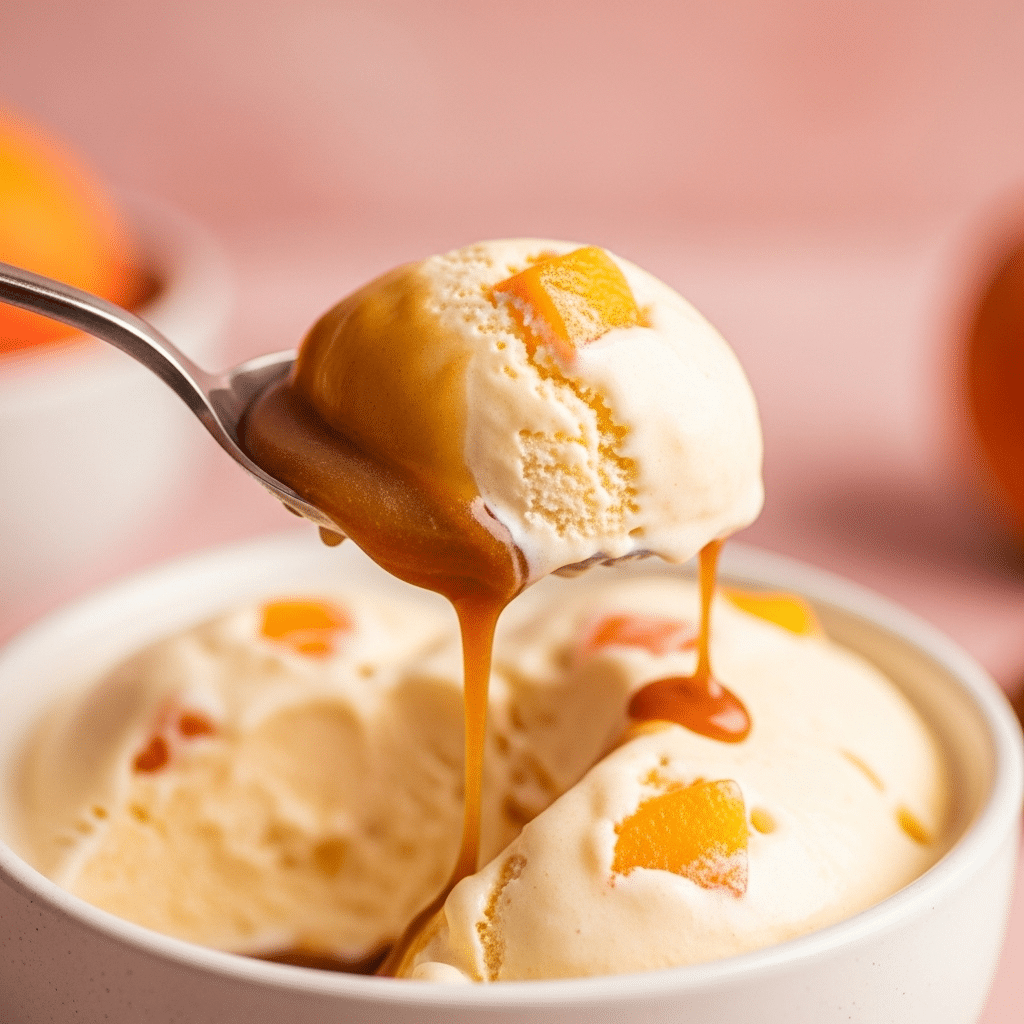 A spoonful of creamy Homemade Peach Ice Cream with Praline Pecan Sauce.