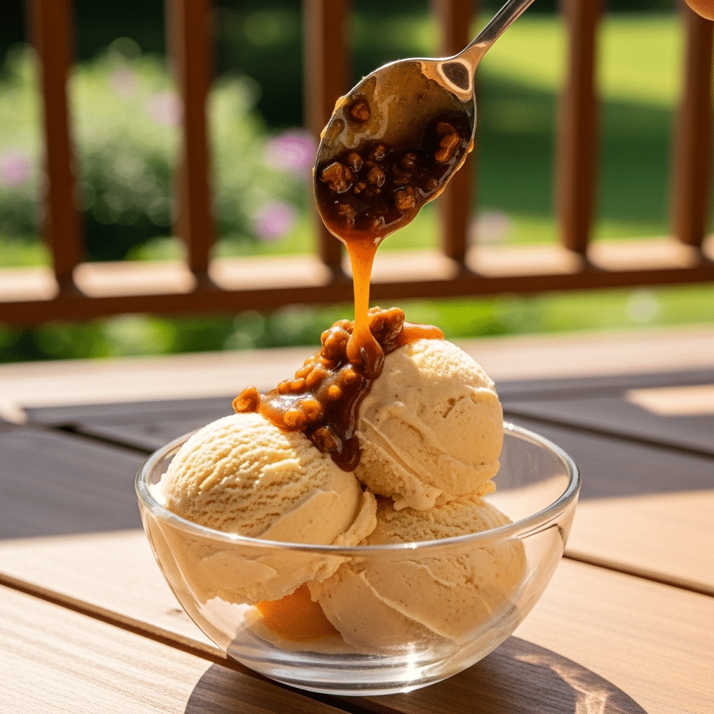 A bowl of homemade Southern-style Homemade Peach Ice Cream with Praline Pecan Sauce.
