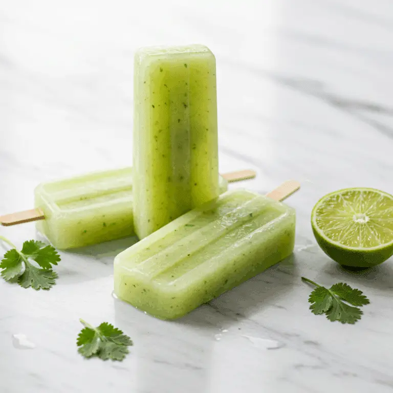Three refreshing Honeydew Melon and Cilantro Ice Pops on a white marble surface.