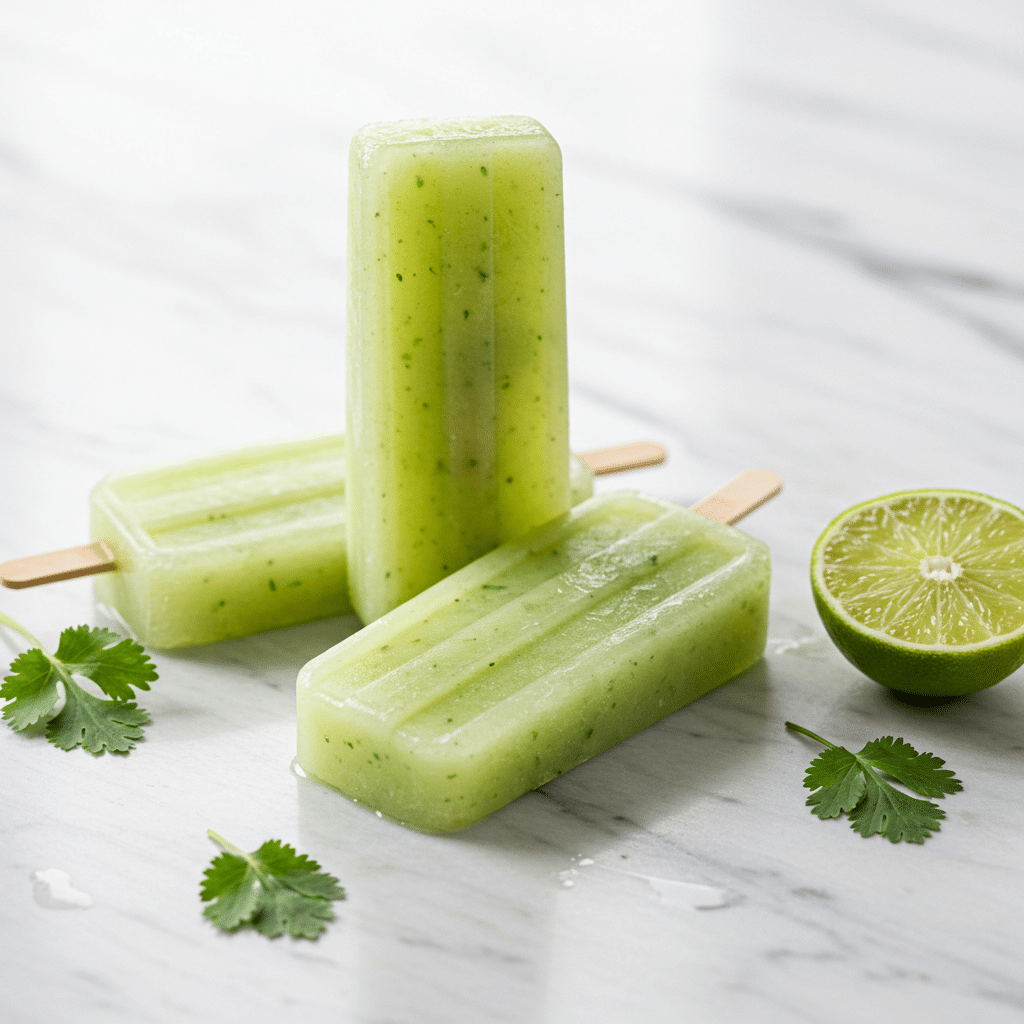 Three refreshing Honeydew Melon and Cilantro Ice Pops on a white marble surface.