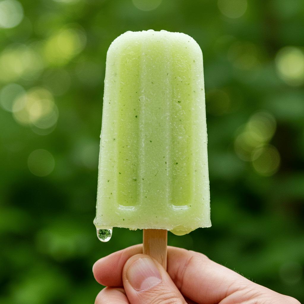 A hand holding a single, refreshing Honeydew Melon and Cilantro Ice Pop.