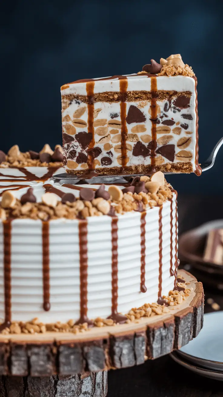 A homemade, no-bake Ice Cream Cake packed with mix-ins, with a slice being served.