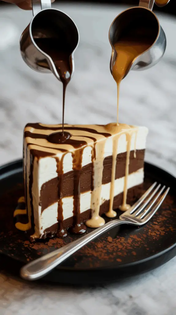A slice of Ice Cream Cake being drizzled with chocolate and butterscotch sauce.