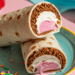 Two finished Ice Cream Crunch Tacos, one cut in half to show the inside.
