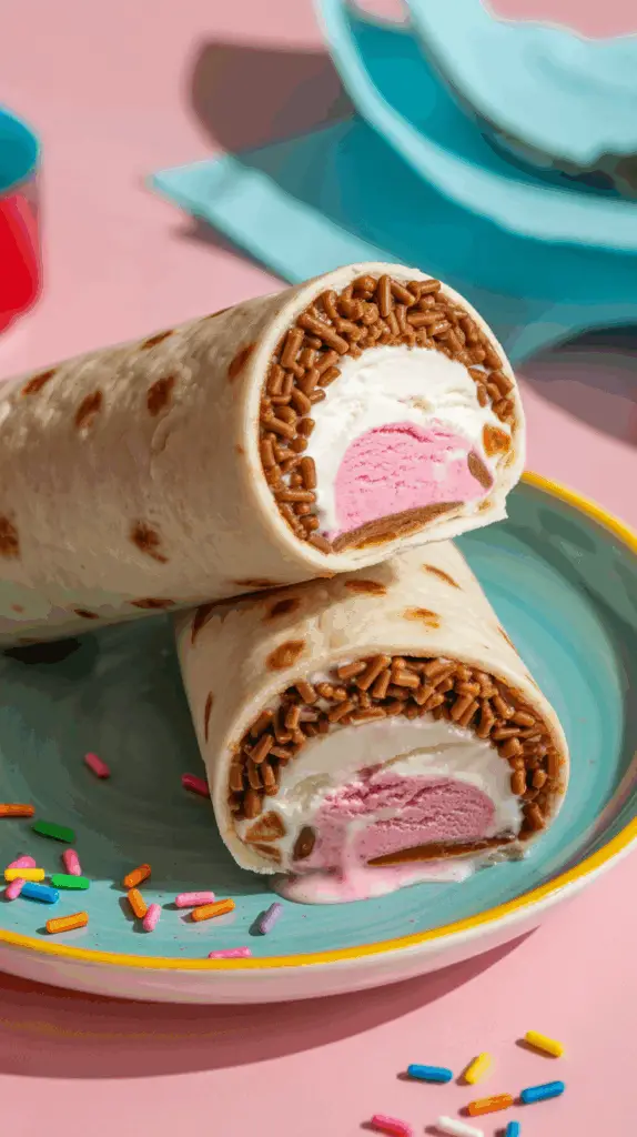 Two finished Ice Cream Crunch Tacos, one cut in half to show the inside.