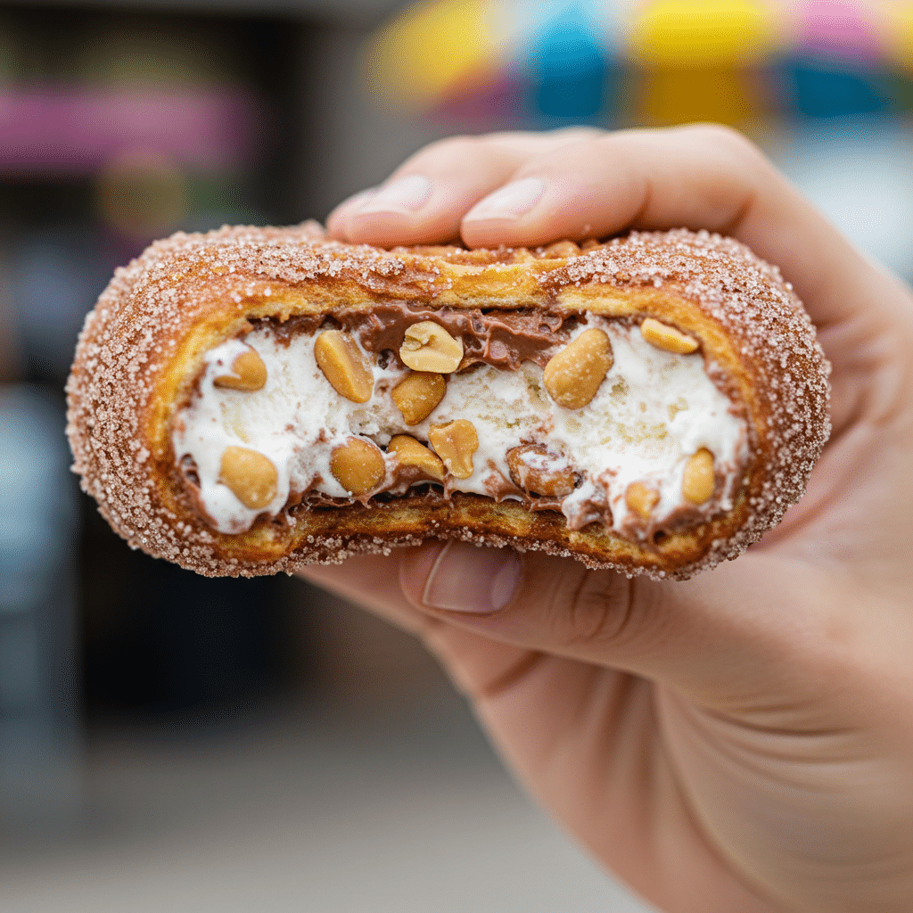 A hand holding a delicious homemade Ice Cream Crunch Taco with a bite taken out.