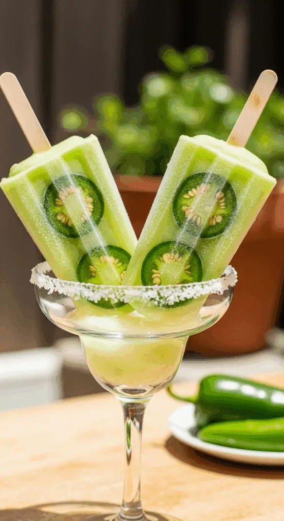 Two refreshing homemade Jalapeño Ice Pops with jalapeño slices inside.
