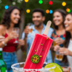 A Jalapeño Ice Pop being served inside a margarita cocktail.