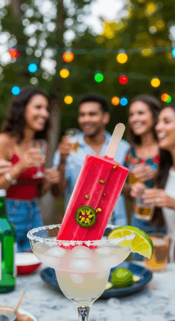 A Jalapeño Ice Pop being served inside a margarita cocktail.