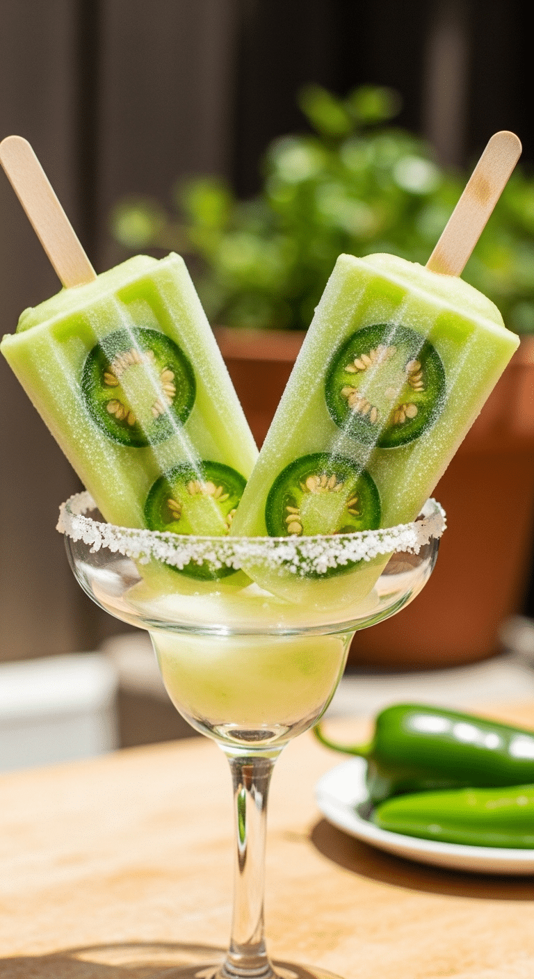 Two refreshing homemade Jalapeño Ice Pops with jalapeño slices inside.