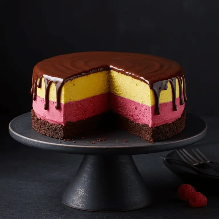 The finished, layered Lemon-Raspberry Sorbet Cake with a slice removed.
