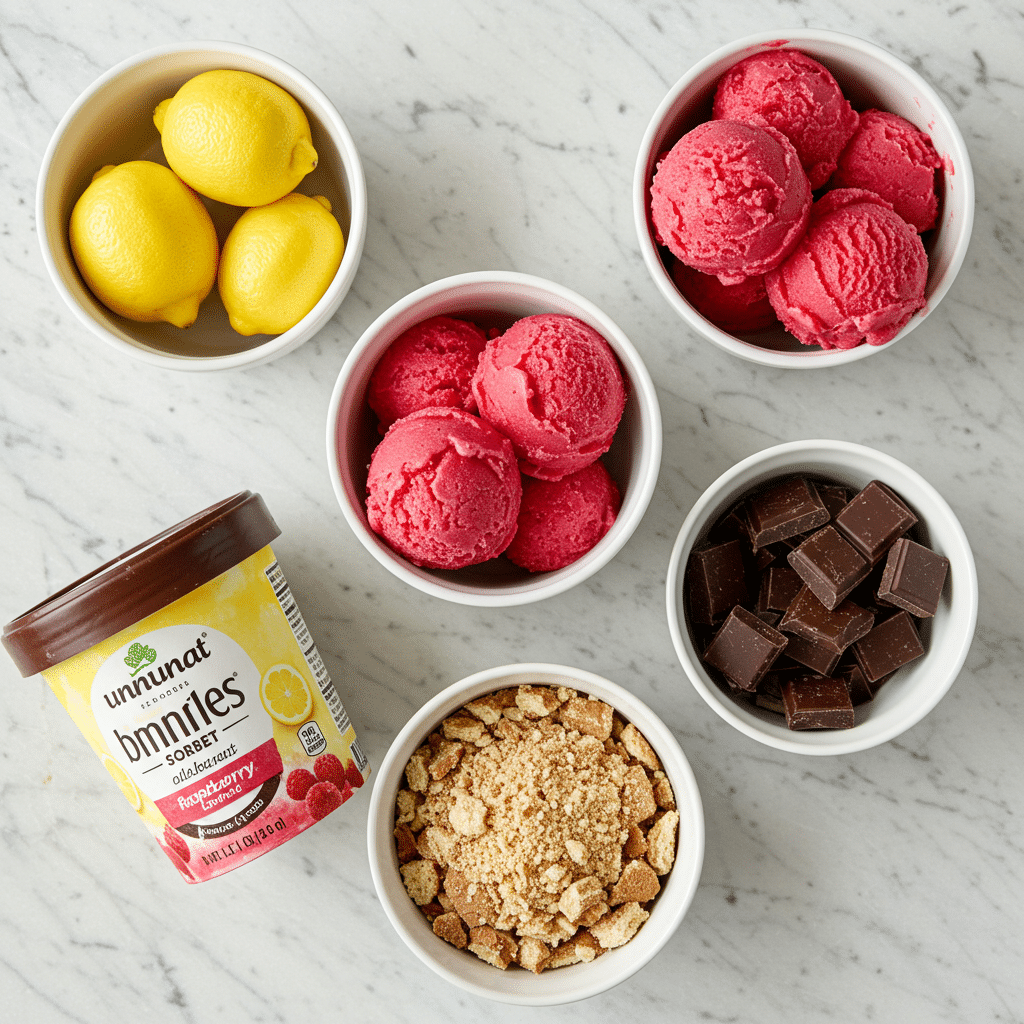 Ingredients for the Lemon-Raspberry Sorbet Cake: lemon sorbet, raspberry sorbet, and chocolate.