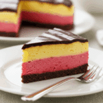 A perfect slice of the finished Lemon-Raspberry Sorbet Cake on a plate.