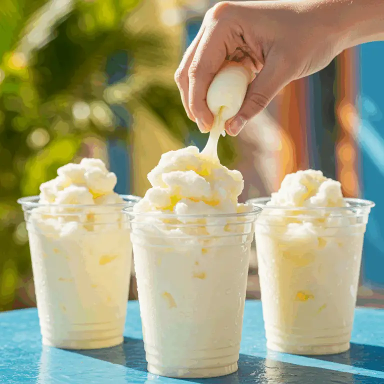Three cups of homemade Puerto Rican Limber de Coco y Piña in a tropical setting.