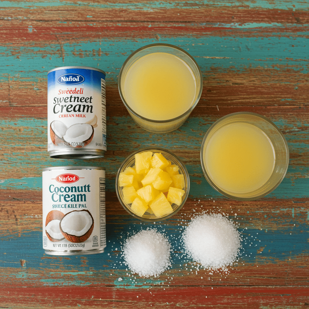 Ingredients for Limber de Coco y Piña: coconut milk, pineapple, and coconut cream.