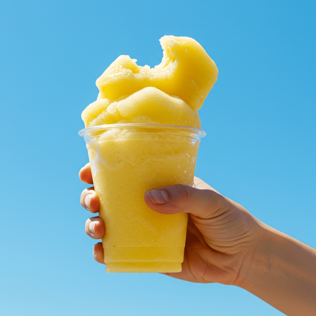 A hand squeezing a finished Limber de Coco y Piña from a plastic cup.