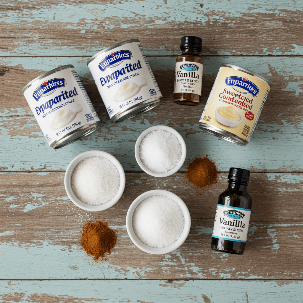 Ingredients for Limber de Crema: evaporated milk, condensed milk, and cinnamon.