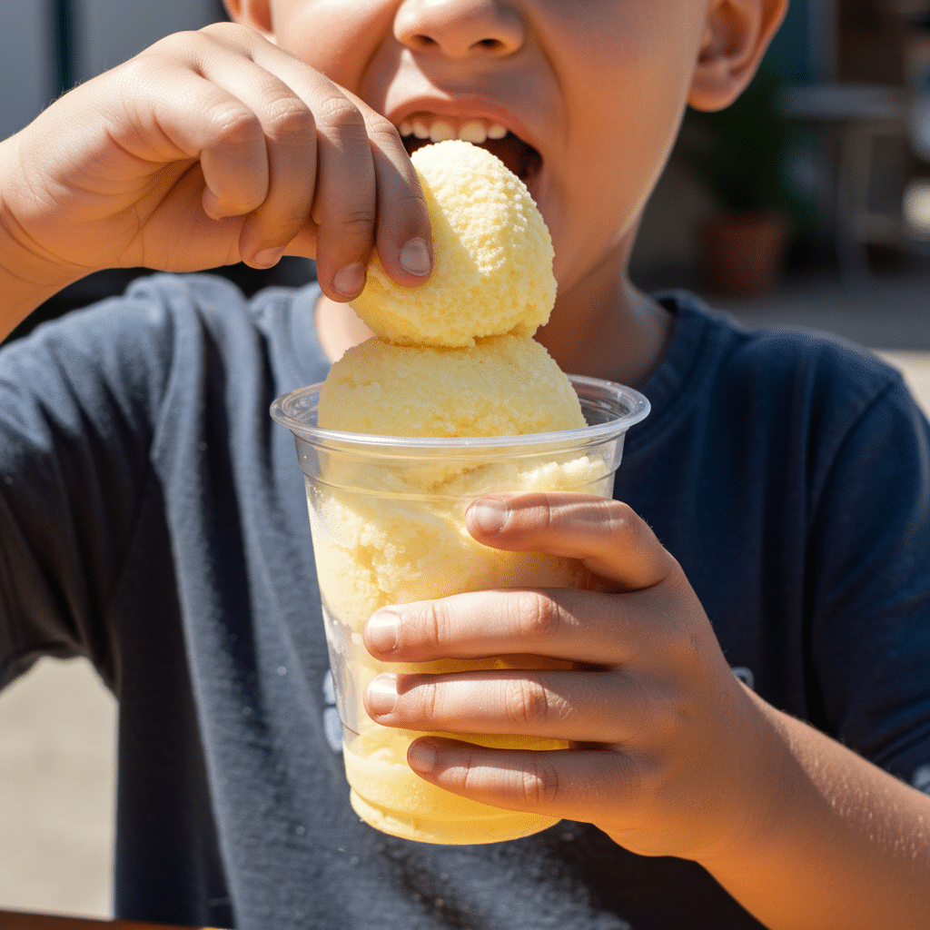 A child eating a finished Limber de Crema by squeezing it from a plastic cup.