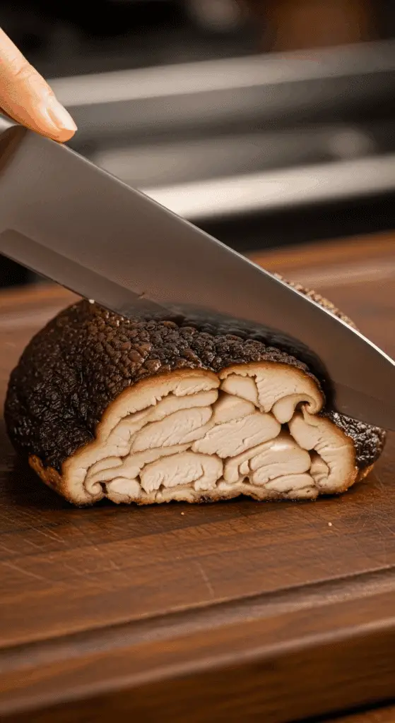 A knife slicing through the cooked Lion's Mane Mushroom Steak, showing the meaty interior.