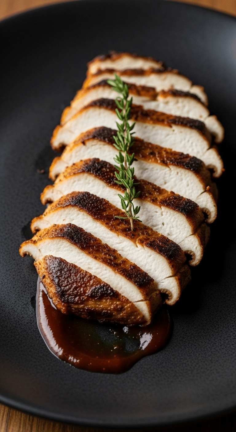 A finished, sliced Lion’s Mane Mushroom Steak on a plate with pan sauce.