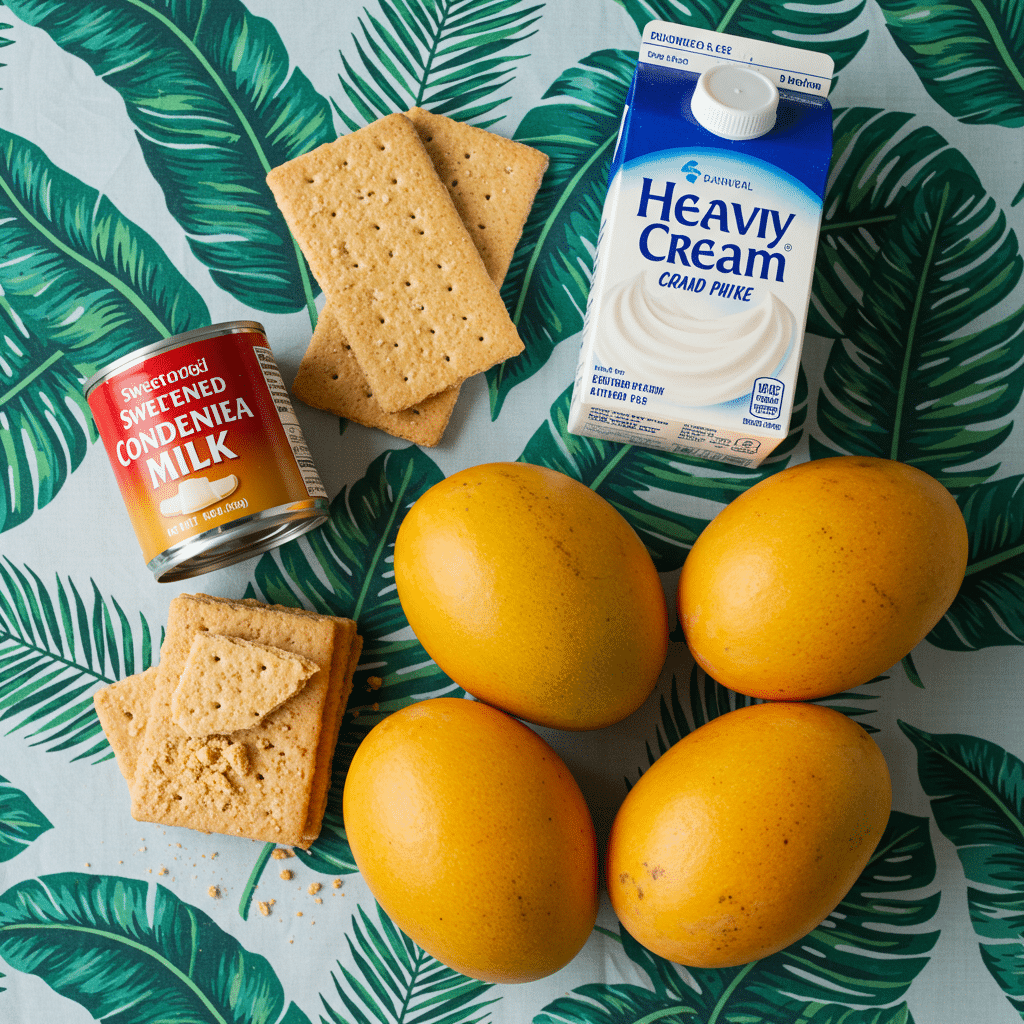 Ingredients for the Filipino Mango Float: mangoes, cream, condensed milk, and graham crackers.