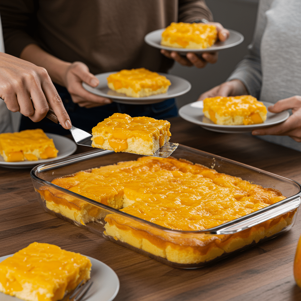 Serving square slices of the finished Mango Float at a party.
