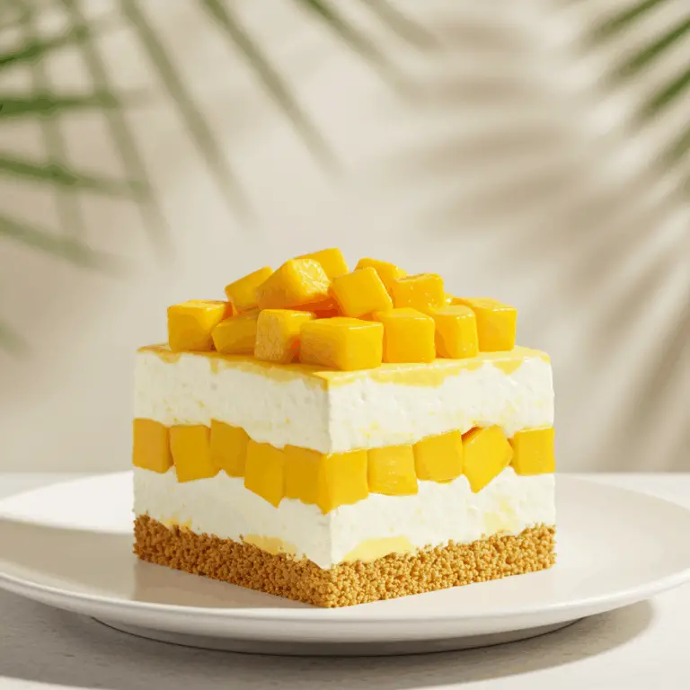 A perfect slice of a layered Filipino Mango Float dessert on a plate.