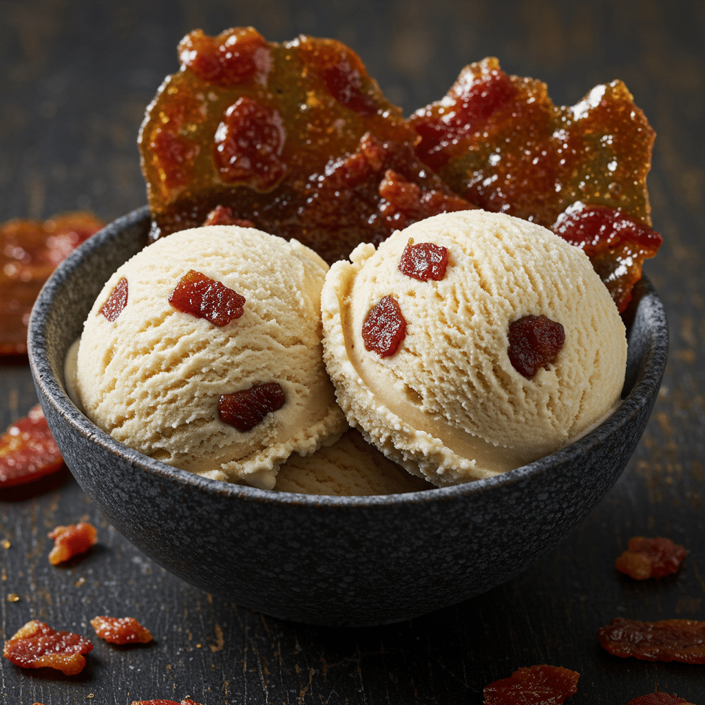 A bowl of homemade Maple-Bacon Crunch Ice Cream with chunks of bacon brittle.