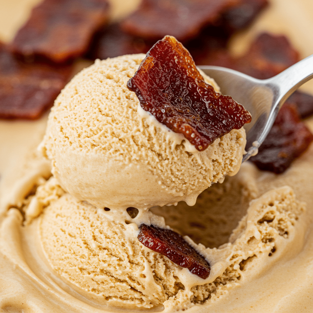 A spoonful of creamy Maple-Bacon Crunch Ice Cream with a piece of bacon brittle.