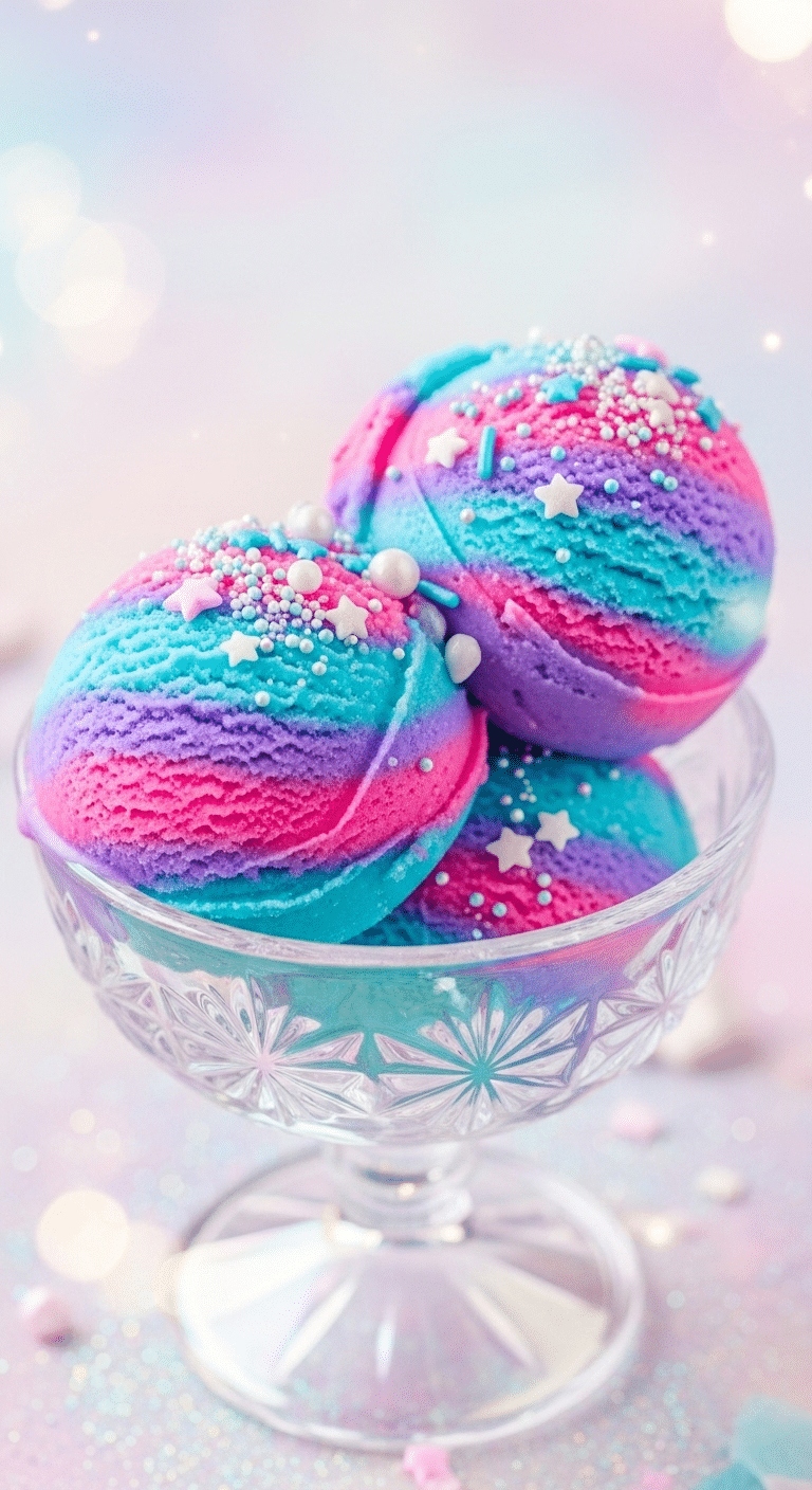 A bowl of colorful, homemade No-Churn Mermaid Ice Cream with sprinkles.