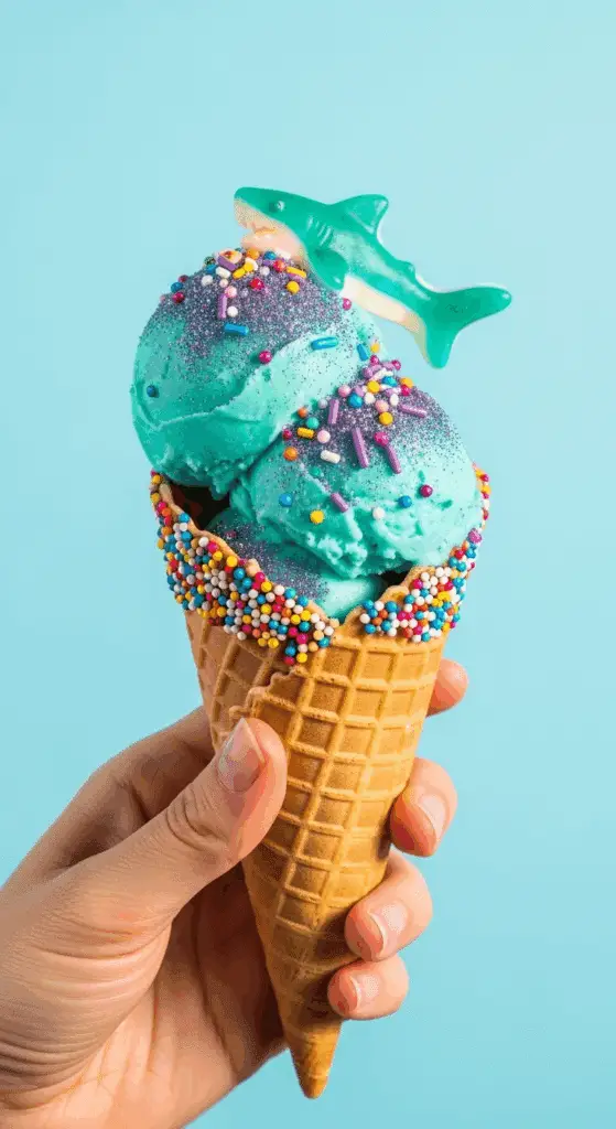 A cone of homemade Mermaid Ice Cream topped with a gummy shark.