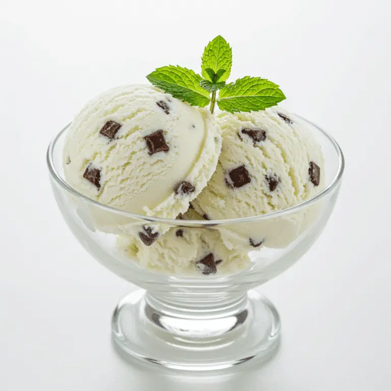 Two scoops of homemade, from-scratch Mint Chip Ice Cream in a bowl.