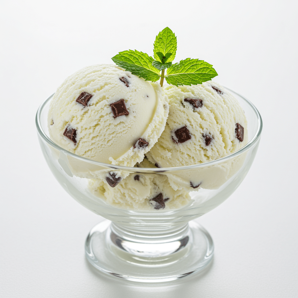Two scoops of homemade, from-scratch Mint Chip Ice Cream in a bowl.