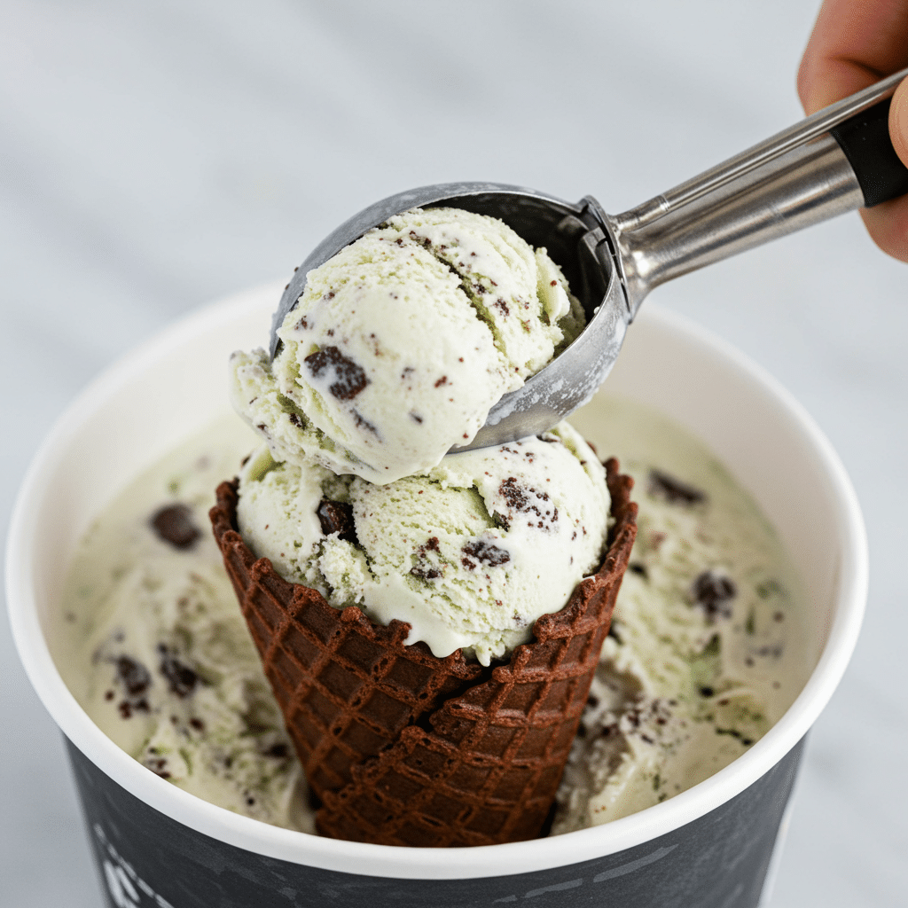 Scooping a perfect scoop of the finished homemade Mint Chip Ice Cream.