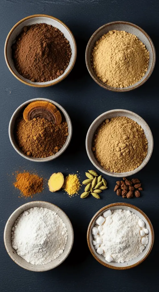The powdered ingredients for the Mushroom Hot Chocolate mix, including adaptogens.