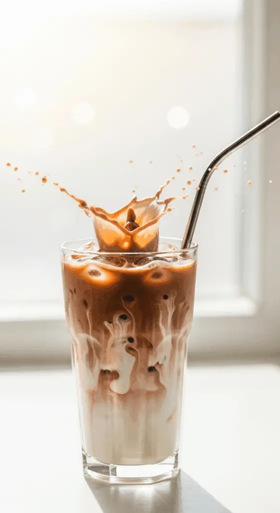 A tall glass of refreshing Iced Mushroom Hot Chocolate