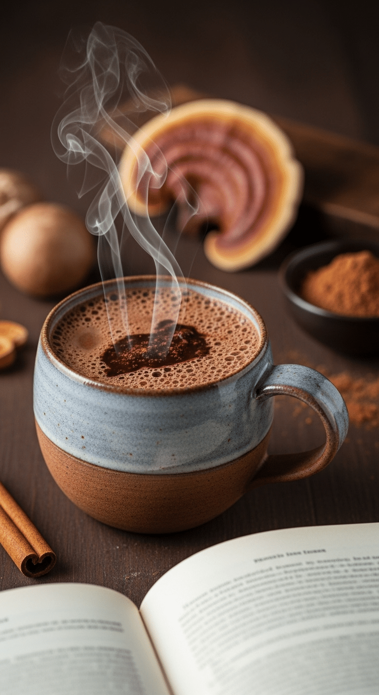A cozy mug of homemade adaptogenic Mushroom Hot Chocolate.
