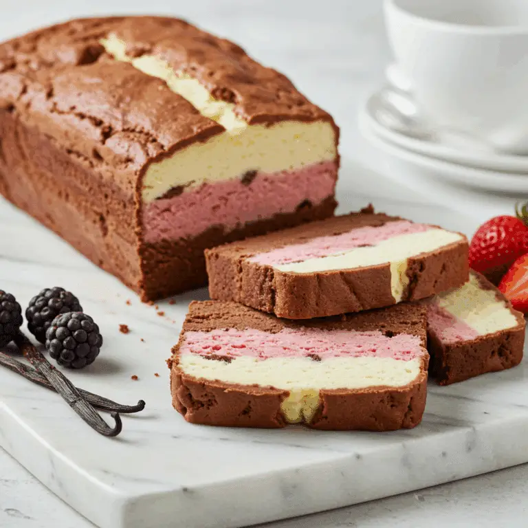 A sliced loaf of from-scratch Neapolitan Ice cream showing the three distinct layers.
