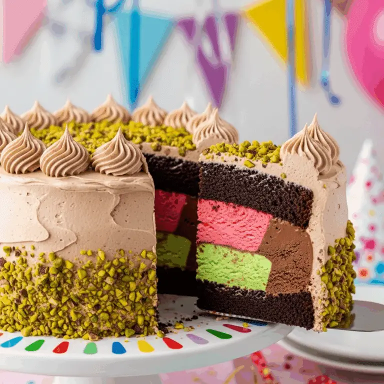 A festive, layered Neapolitan Ice Cream Cake with a slice being served at a party.