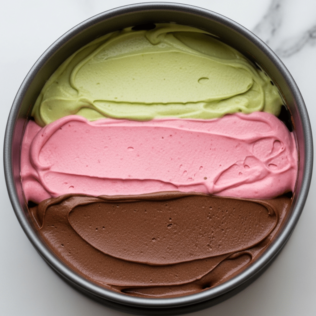 The three distinct layers of ice cream assembled in the pan for the Neapolitan Ice Cream Cake.