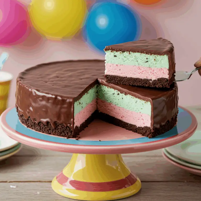 A layered Neapolitan Ice Cream Sandwich Cake with a slice being served at a party.