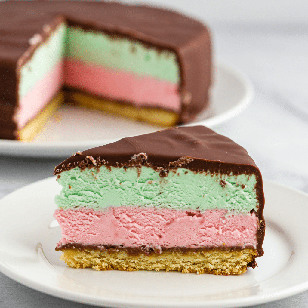 A perfect slice of the finished Neapolitan Ice Cream Sandwich Cake showing all layers.