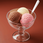 Three scoops of homemade Neapolitan Ice Cream in a glass dish.